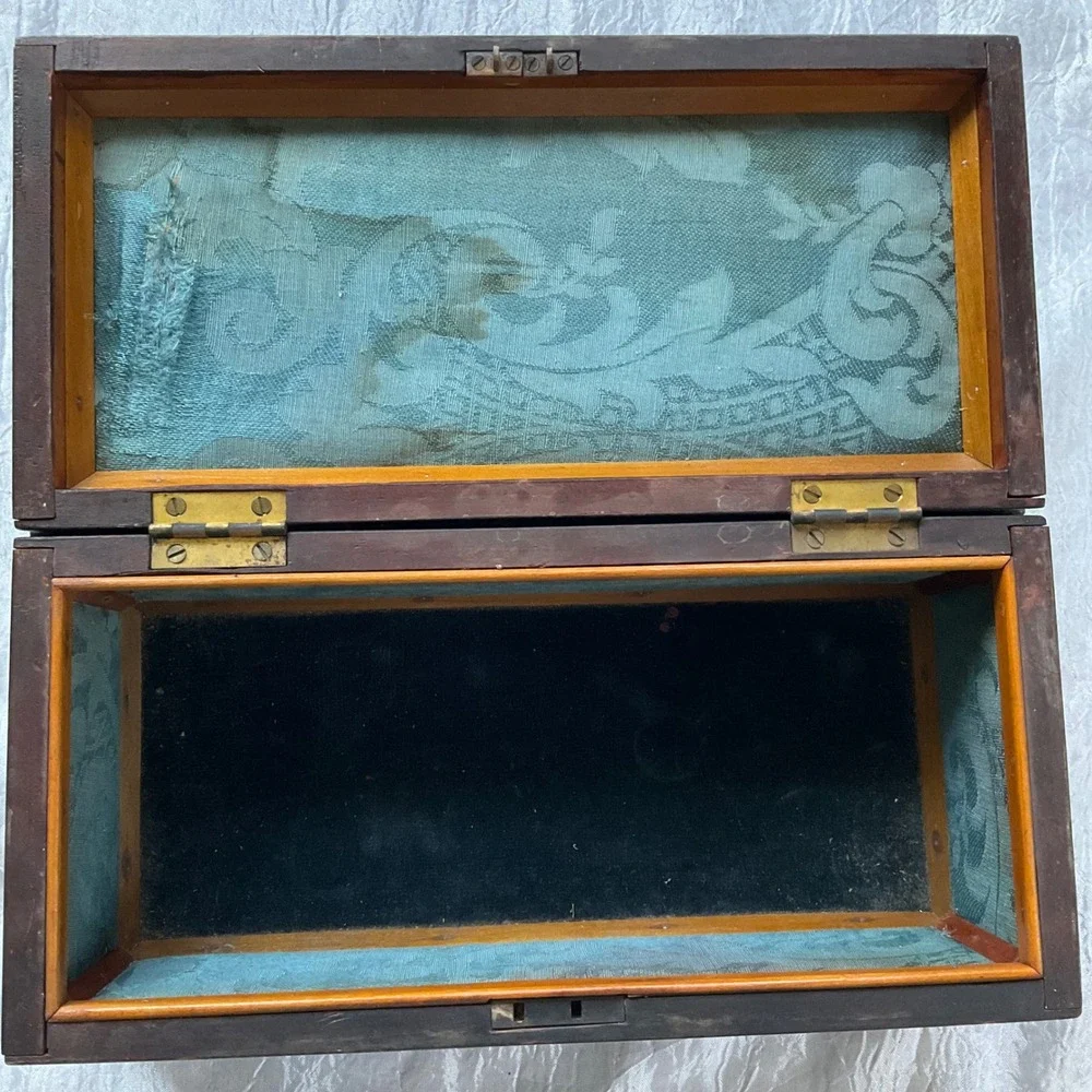 Antique 19thC Folk Art Wooden Box Carved Diamond Damask Silk Lined Jewelry Chest